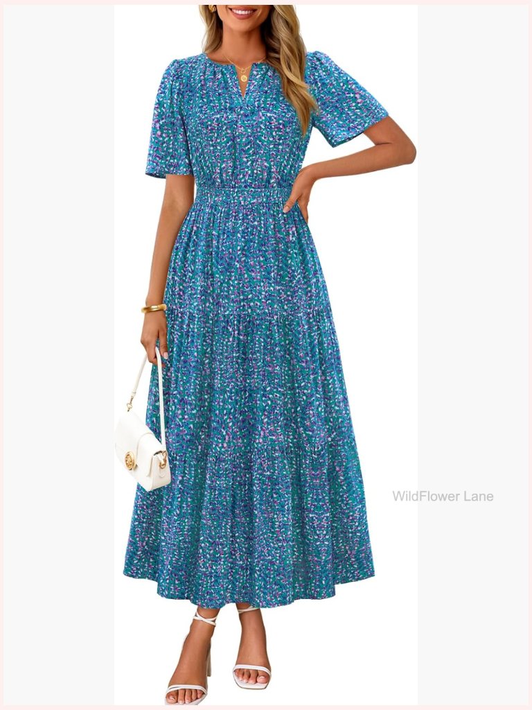 Spring Floral Maxi Dress - Boho V Neck Short Sleeve With Pockets
